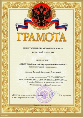 Награда за участие в организации и проведении Славянского международного экономического форума
